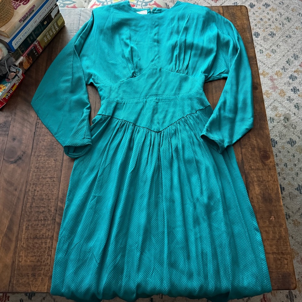Vintage Silk Studio 100% Silk Teal Textured Dress 80s Retro